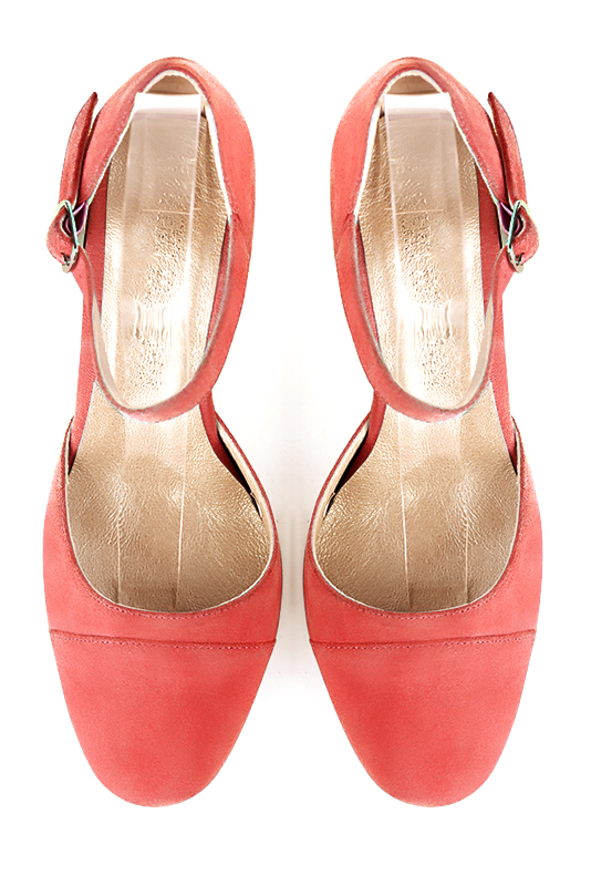 Coral orange women's open side shoes, with an instep strap. Round toe. High block heels. Top view - Florence KOOIJMAN